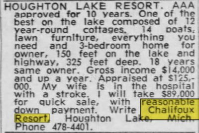 Chalifoux Resort Motel - May 1963 Ad